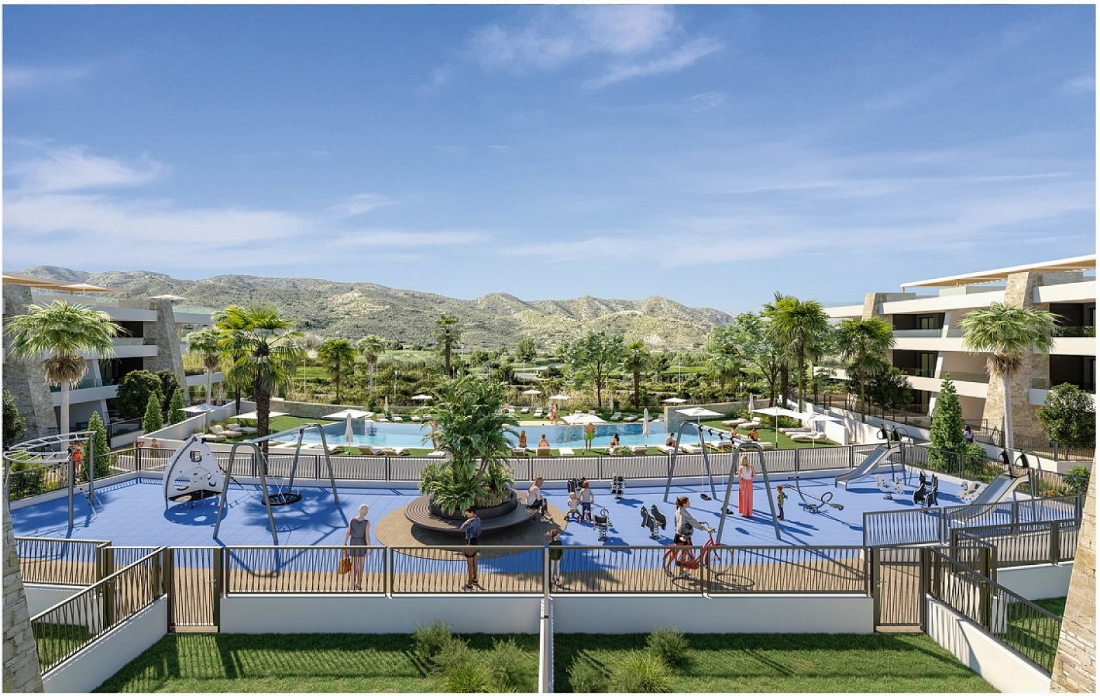 <p>Apartment with garden provided with 2 Bedrooms and 2 Bathrooms, inside & outside swimming pool and underground parking space with storage room. ...