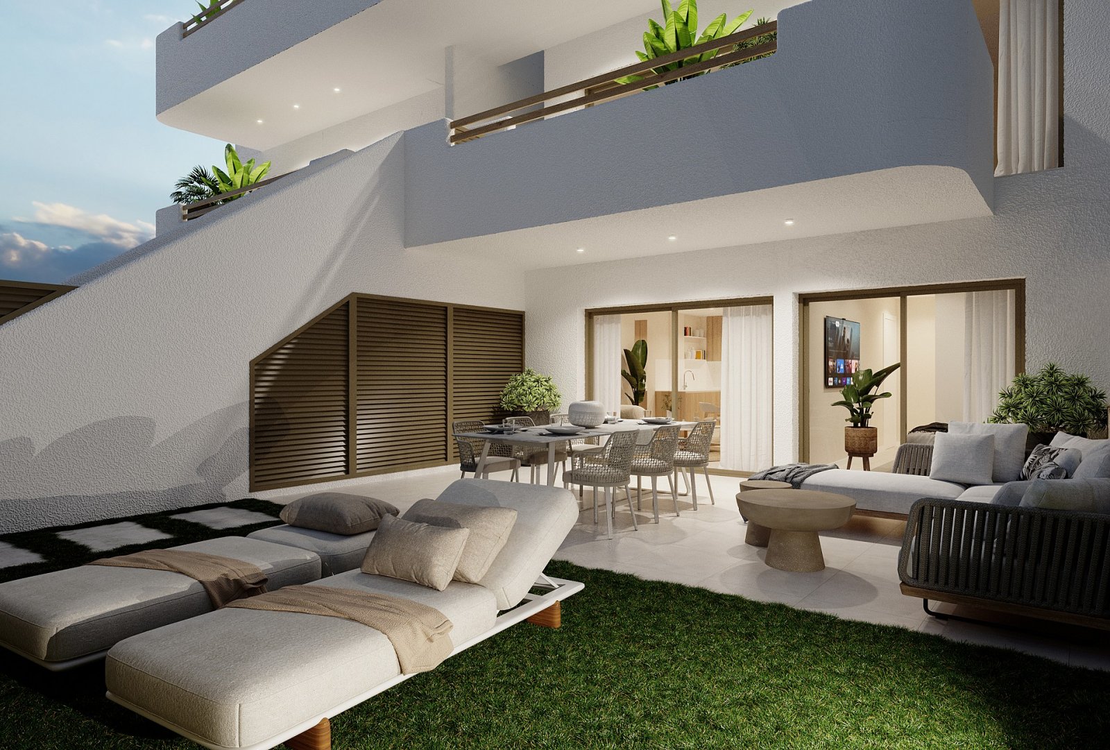 <p>Apartment with garden provided with 3 Bedrooms and 2 Bathrooms, communal swimming pool and parking space on own plot. </p><p>Modern bungalows wi...