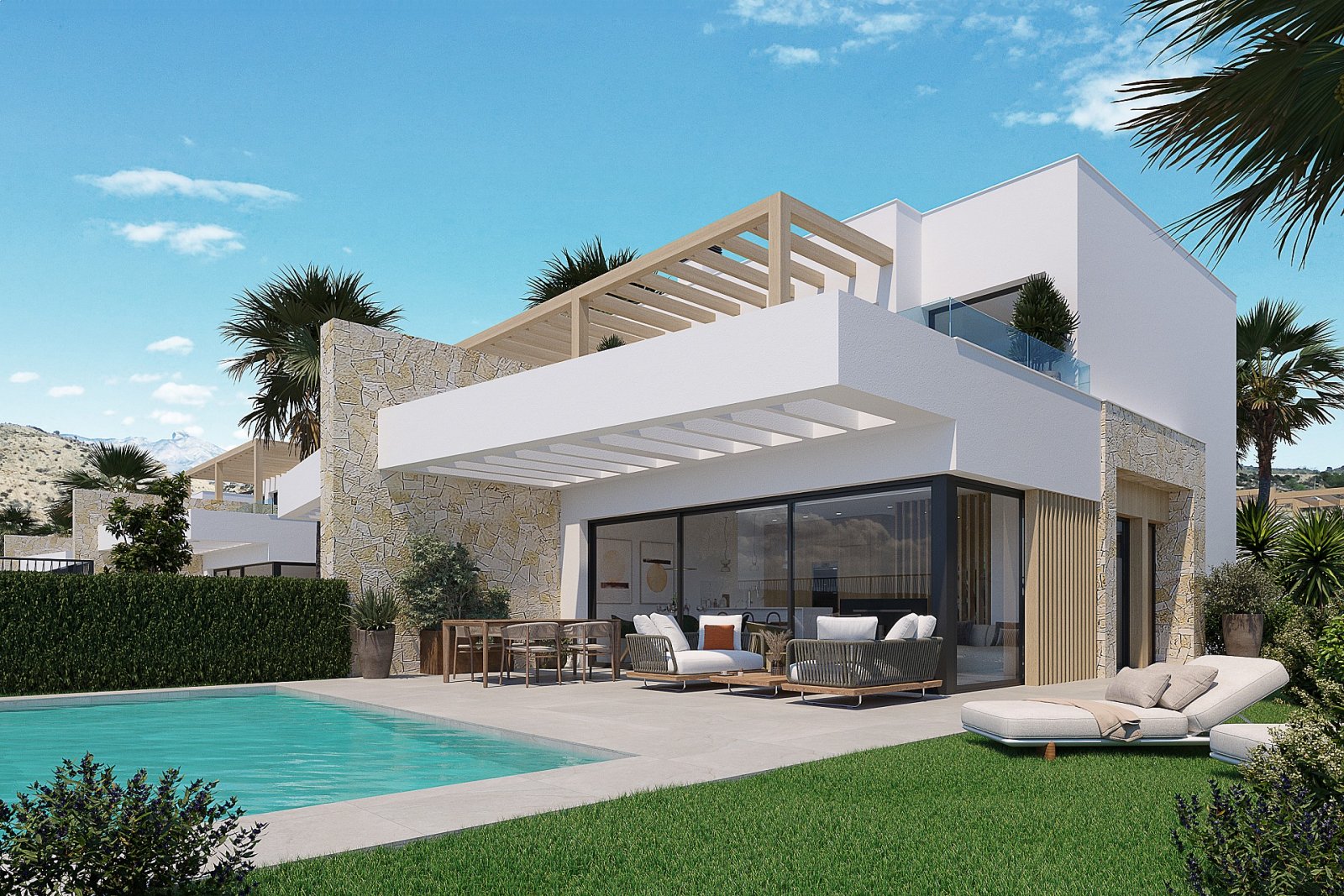 <p>Terraced villa provided with 3 Bedrooms and 2 Bathrooms, private swimming pool and parking space on own plot. </p><p>The new phase of semi-detac...
