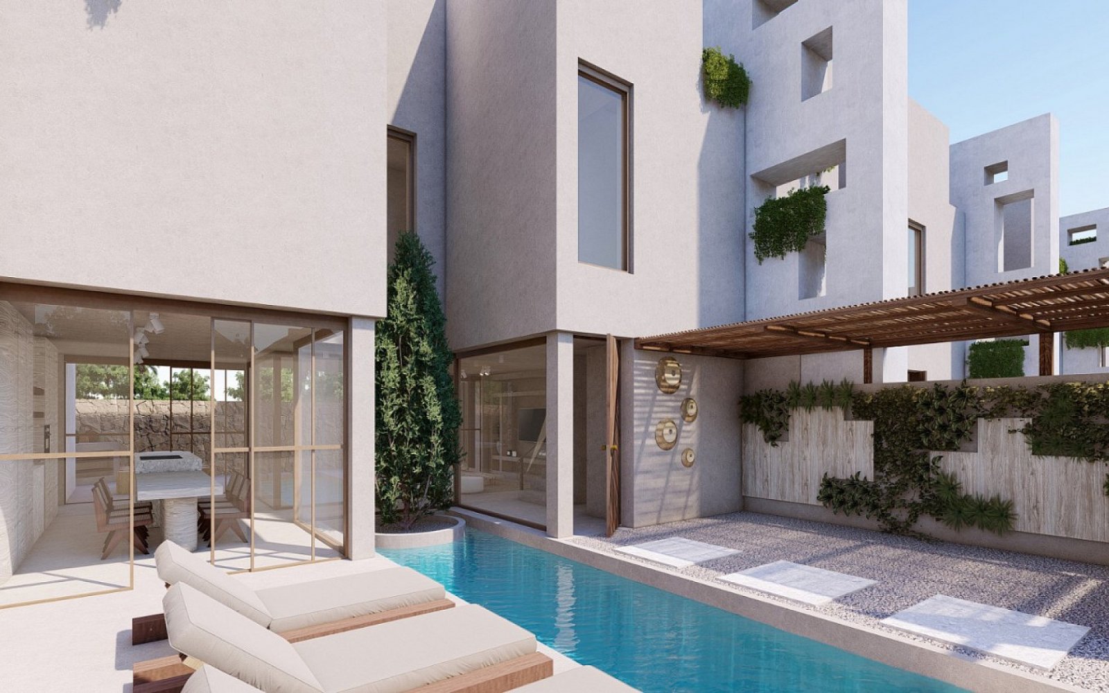 <p>Terraced villa provided with 3 Bedrooms and 2 Bathrooms, private swimming pool and parking space on own plot. </p><p>Homes designed in a stylish...